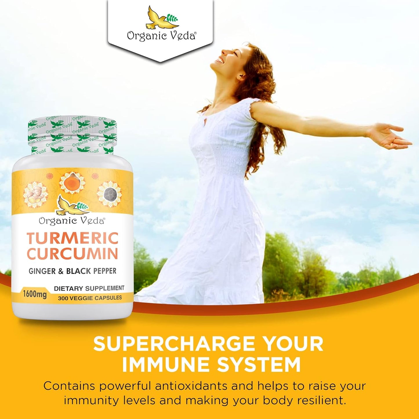 Organic Veda Turmeric and Ginger Capsules - 300 Pills of Turmeric Curcumin with Black Pepper - Joint Support Supplement - Non GMO, Gluten Free (95% Curcuminoids)