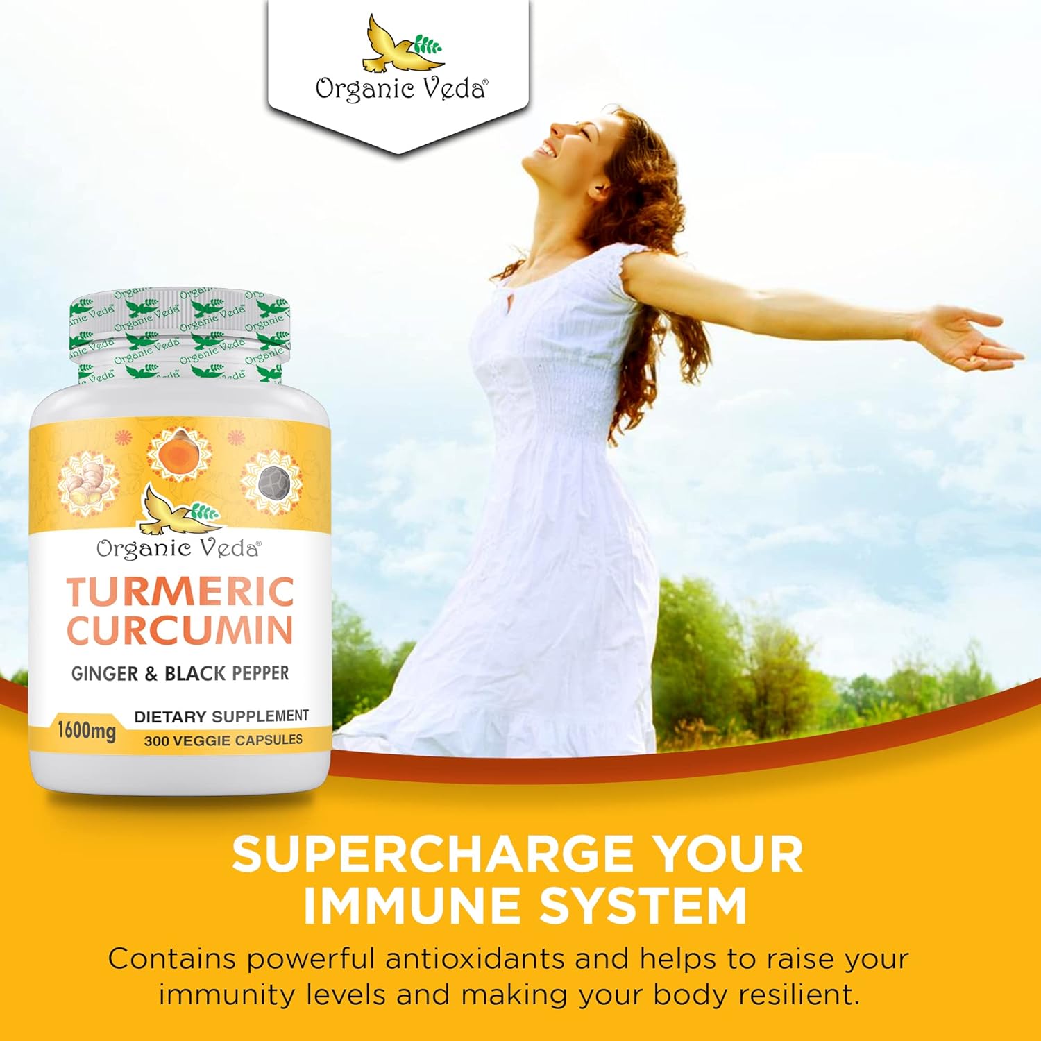 Organic Veda Turmeric and Ginger Capsules - 300 Pills of Turmeric Curcumin with Black Pepper - Joint Support Supplement - Non GMO, Gluten Free (95% Curcuminoids)