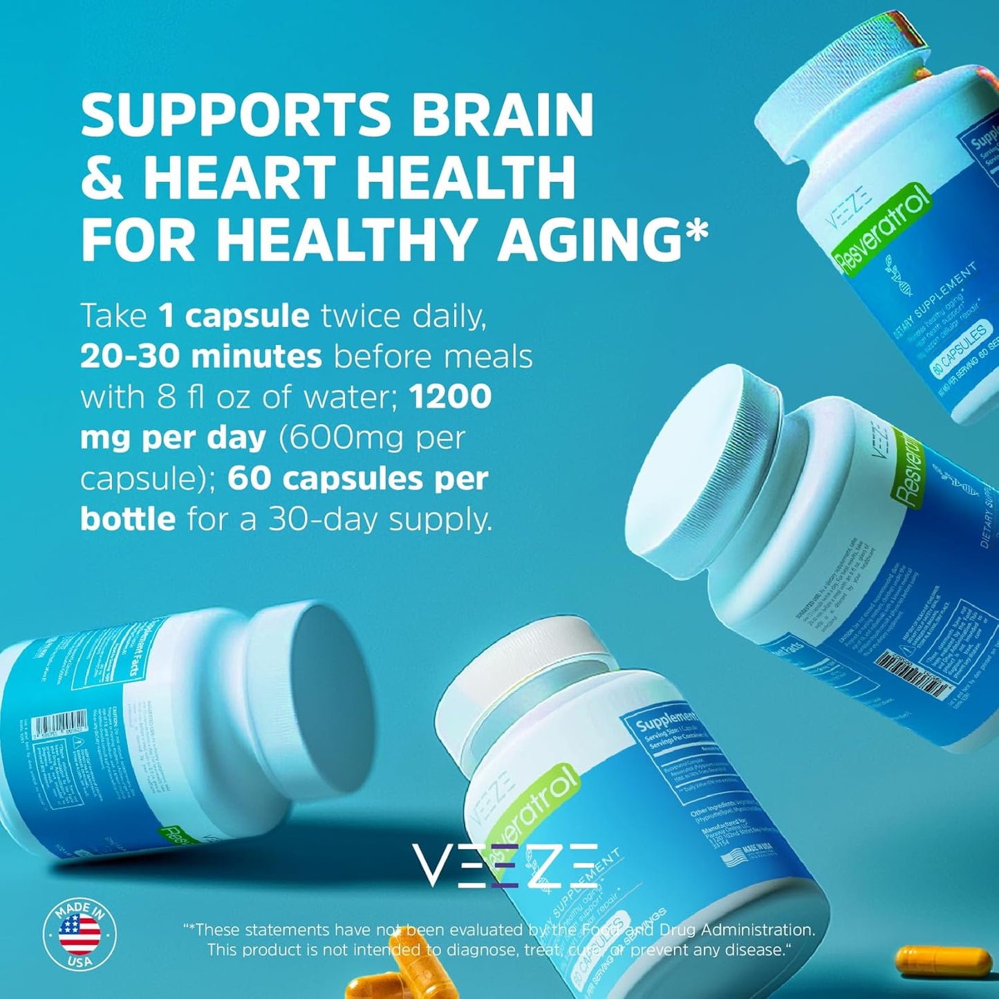 Organic VEEZE Resveratrol Supplement 600mg - USA Made, 60 Capsules - Antioxidant Rich with Trans Resveratrol for Well-Being Support