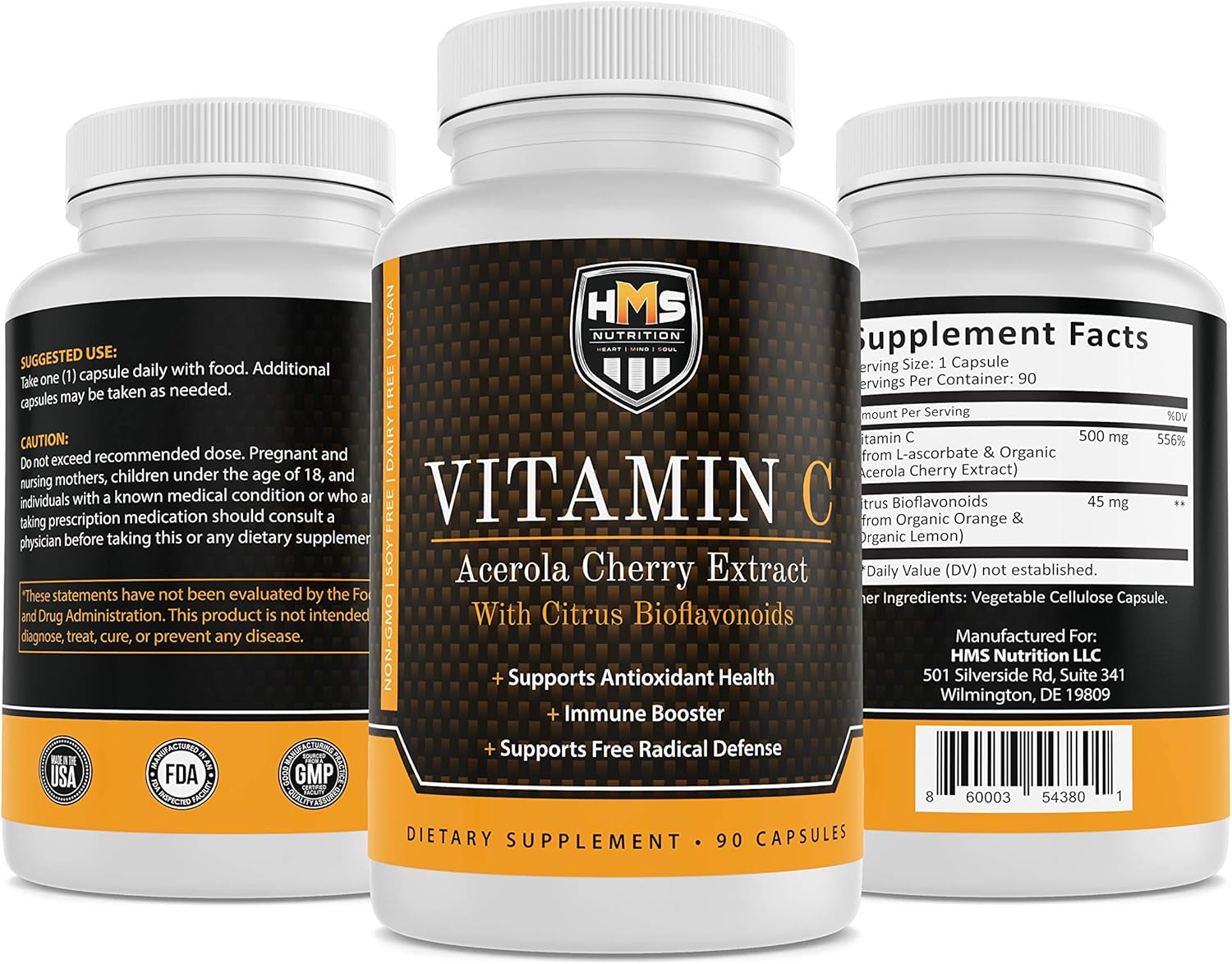 Organic Vegan Acerola Cherry & Citrus Bioflavonoids Vitamin C Capsules - Immune Support & Antioxidant Boost - 90 Day Supply