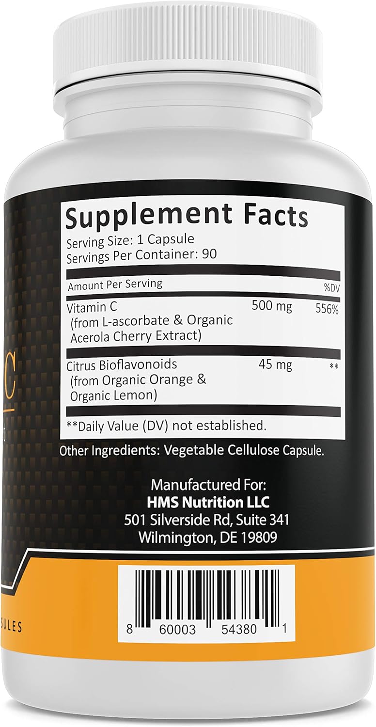 Organic Vegan Acerola Cherry & Citrus Bioflavonoids Vitamin C Capsules - Immune Support & Antioxidant Boost - 90 Day Supply