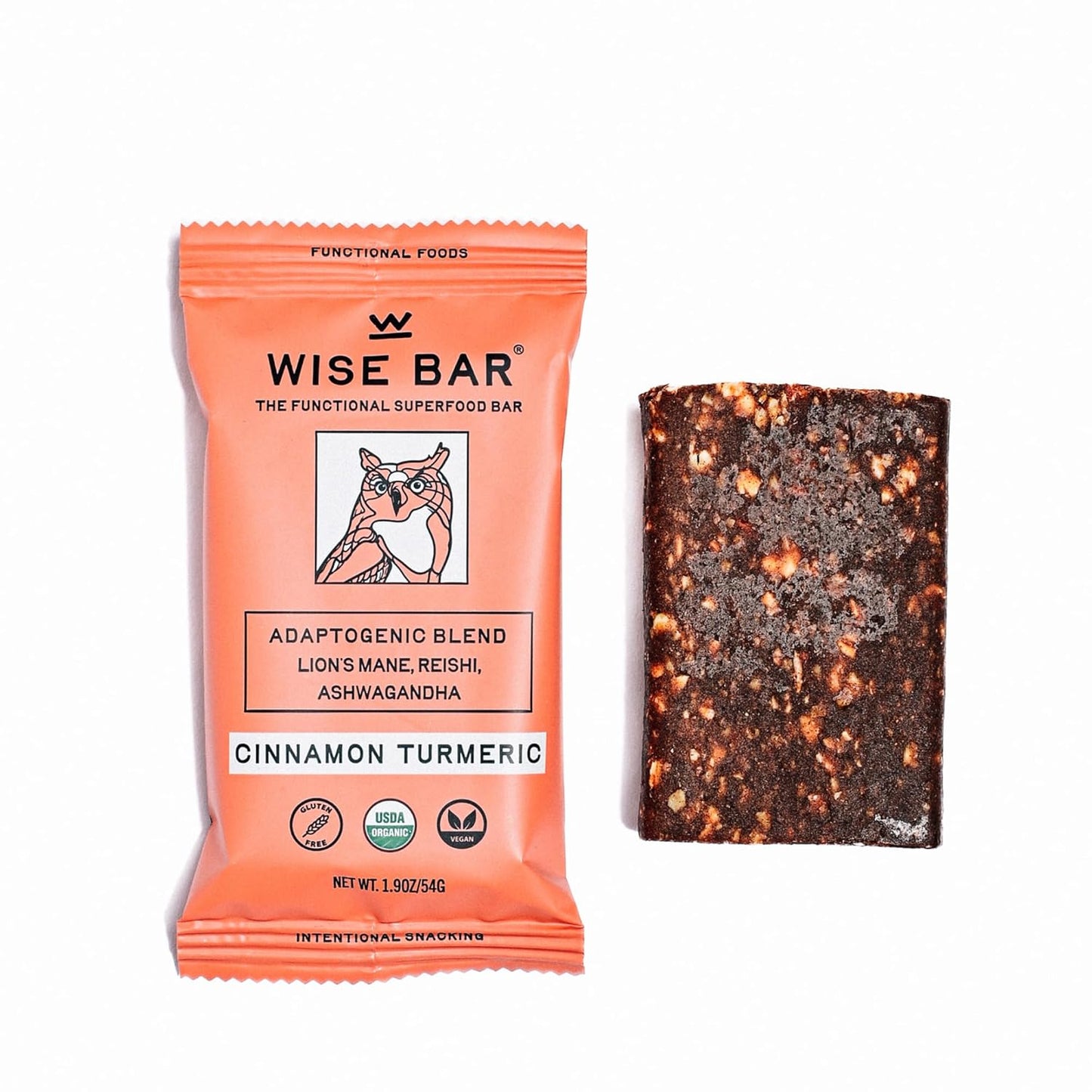 Organic Vegan Adaptogen Mushroom Bars with Reishi & Ashwagandha for Energy & Focus, Cinnamon Turmeric Flavor - 12 Pack