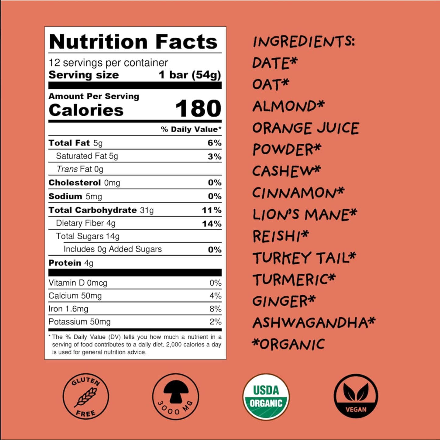 Organic Vegan Adaptogen Mushroom Bars with Reishi & Ashwagandha for Energy & Focus, Cinnamon Turmeric Flavor - 12 Pack