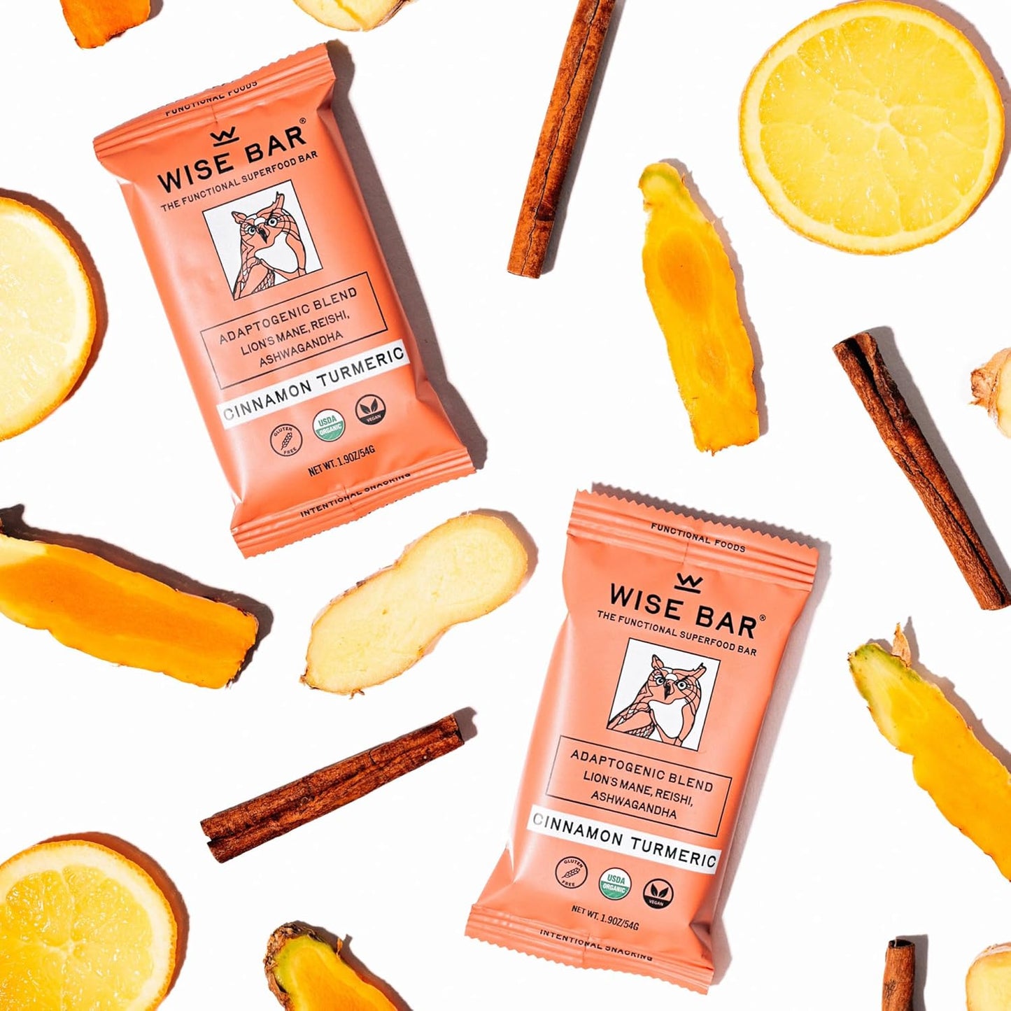 Organic Vegan Adaptogen Mushroom Bars with Reishi & Ashwagandha for Energy & Focus, Cinnamon Turmeric Flavor - 12 Pack