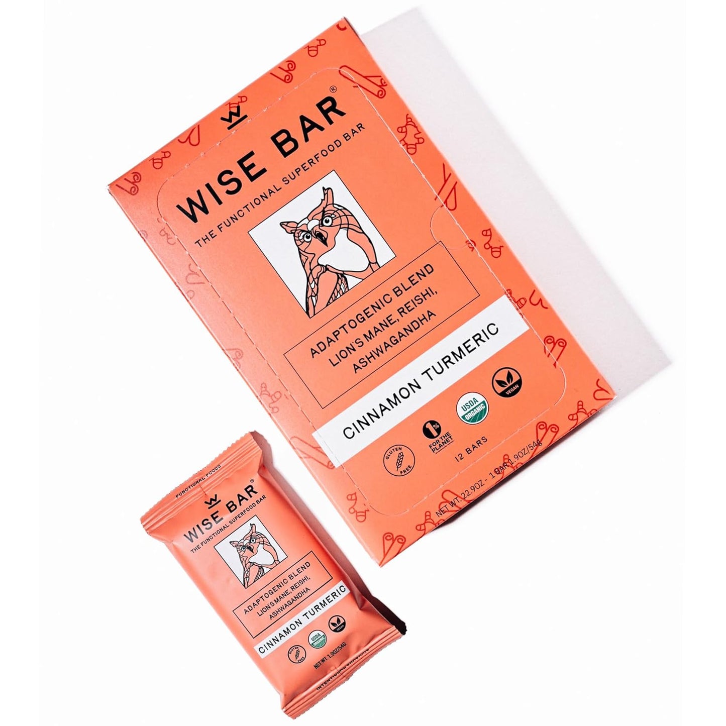 Organic Vegan Adaptogen Mushroom Bars with Reishi & Ashwagandha for Energy & Focus, Cinnamon Turmeric Flavor - 12 Pack
