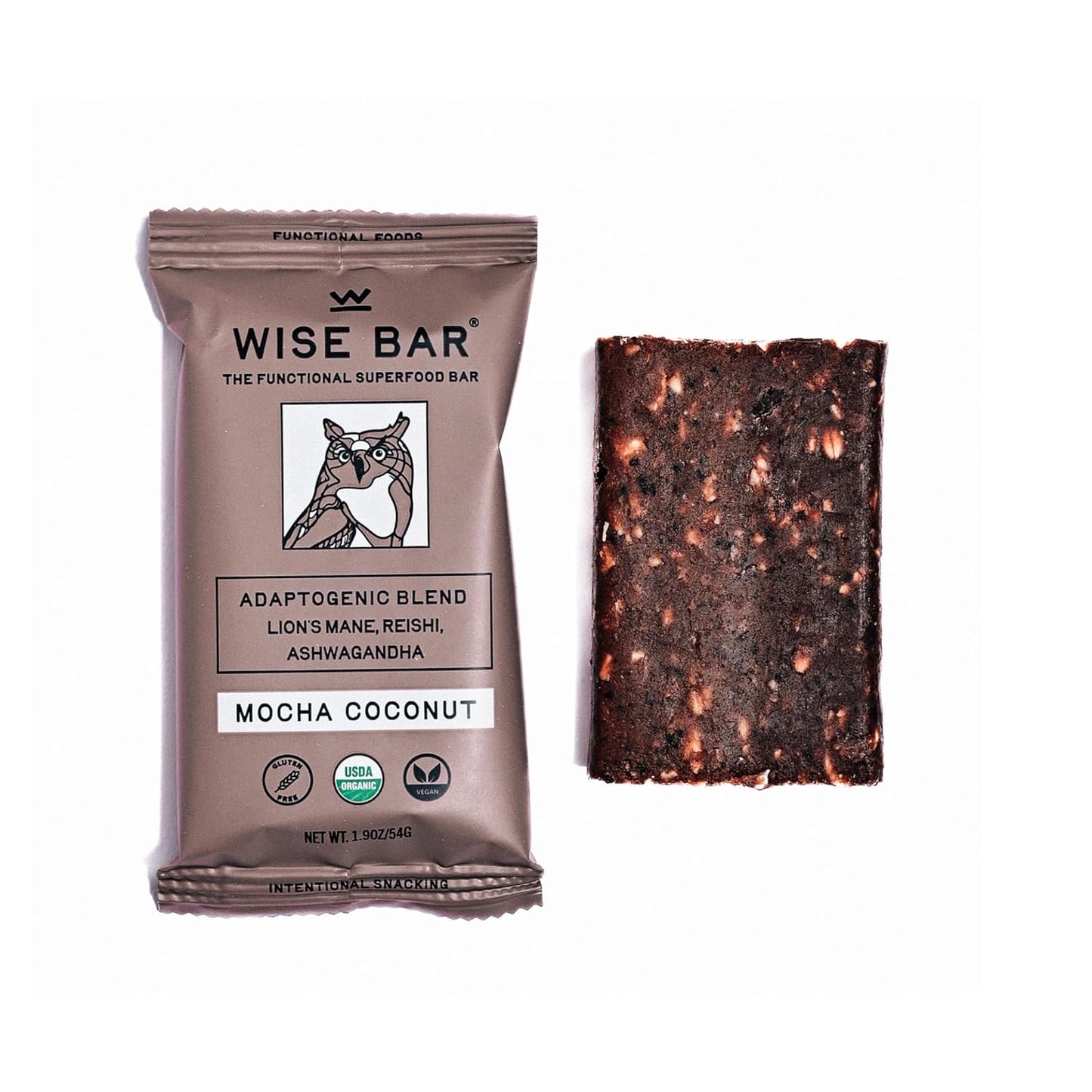 Organic Vegan Adaptogen Mushroom Nutrition Bars with Reishi, Lions Mane & Ashwagandha for Focus & Energy, Mocha Coconut Flavor, 12 Count