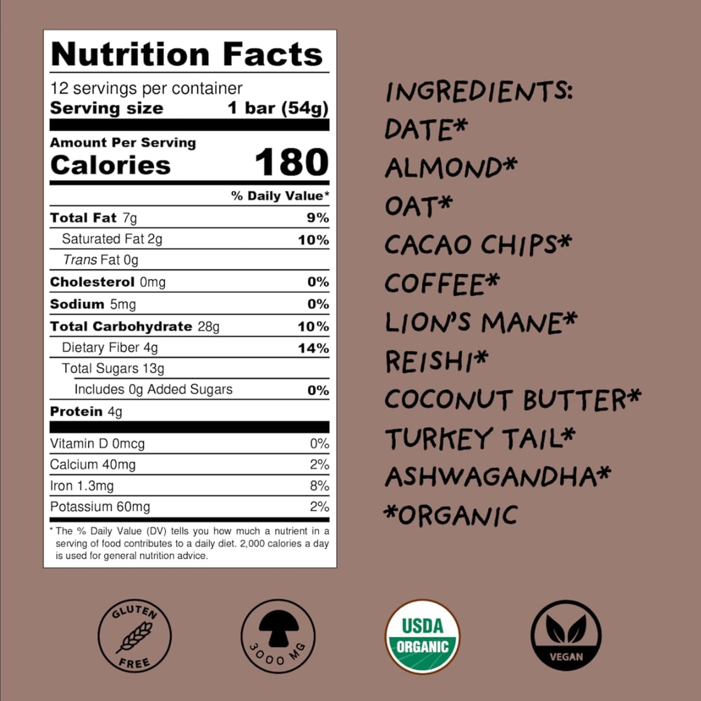 Organic Vegan Adaptogen Mushroom Nutrition Bars with Reishi, Lions Mane & Ashwagandha for Focus & Energy, Mocha Coconut Flavor, 12 Count