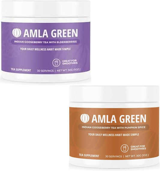 Organic Vegan Amla Green Powder & Green Tea Superfood Supplement with Elderberry & Pumpkin Spice - 30 Servings