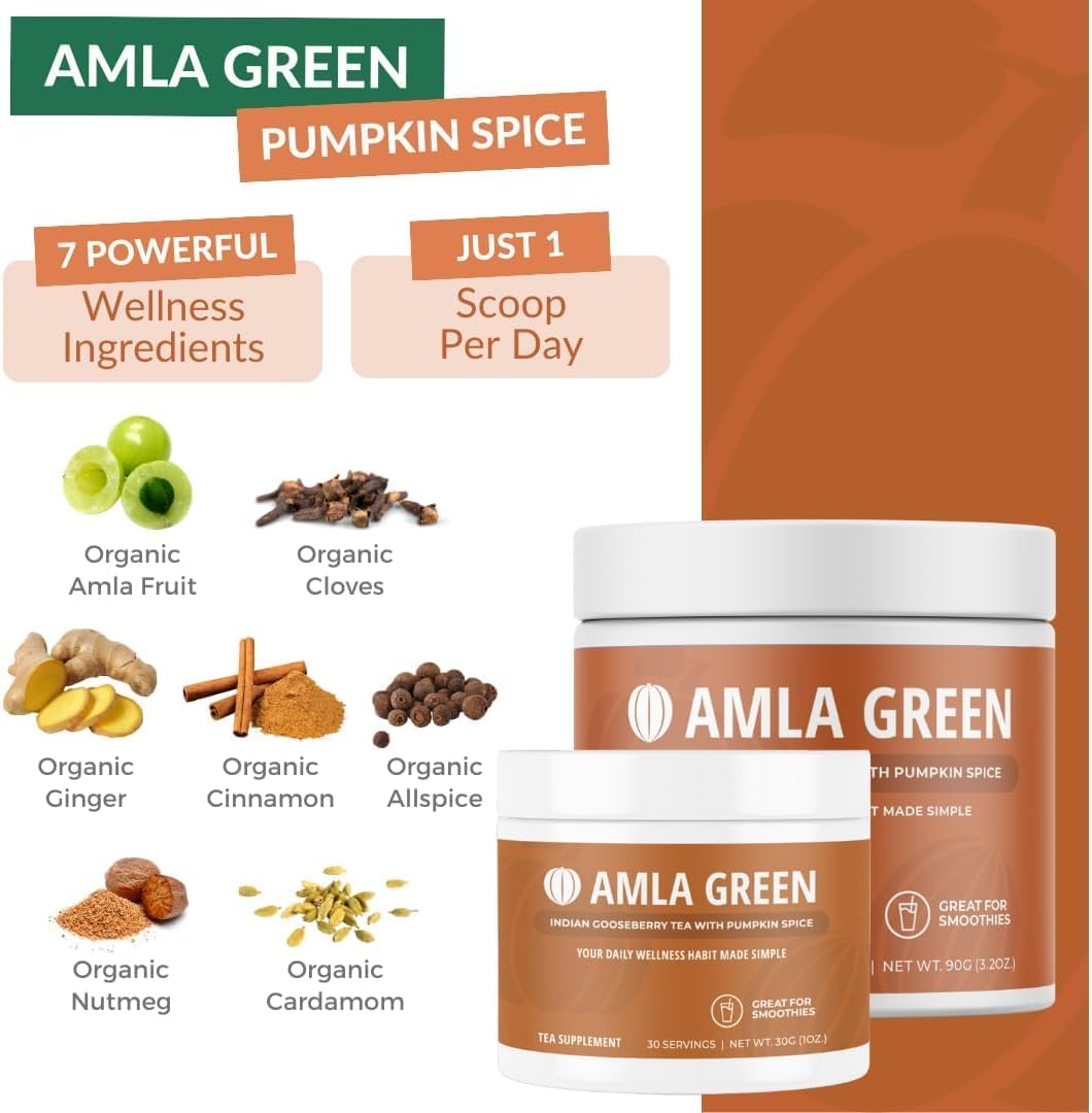 Organic Vegan Amla Green Powder & Green Tea Superfood Supplement with Elderberry & Pumpkin Spice - 30 Servings