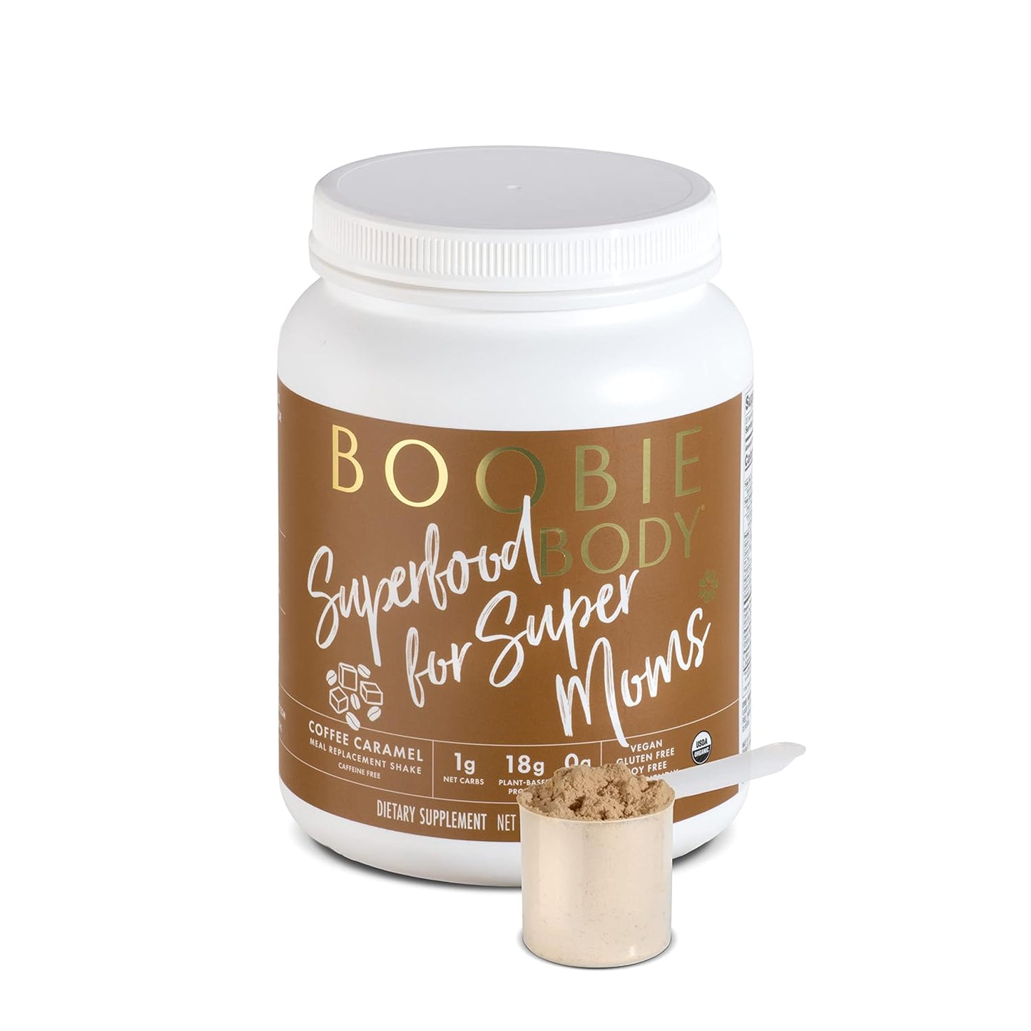 Organic Vegan Boobie Body Superfood Protein Shake, Coffee Caramel Flavor - 19g Protein, Safe for Pregnancy & Lactation - Meal Replacement for Motherhood - 1 Tub (21.2 oz)