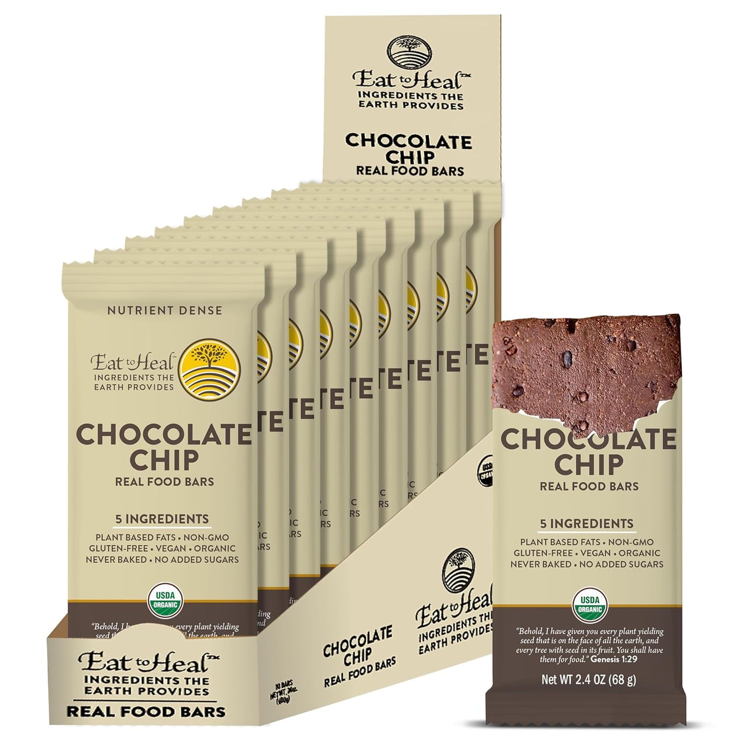 Organic Vegan Chocolate Chip Real Food Bar - Gluten Free Protein Bars, Low Sugar Meal Replacement, Non GMO Plant Based Snack