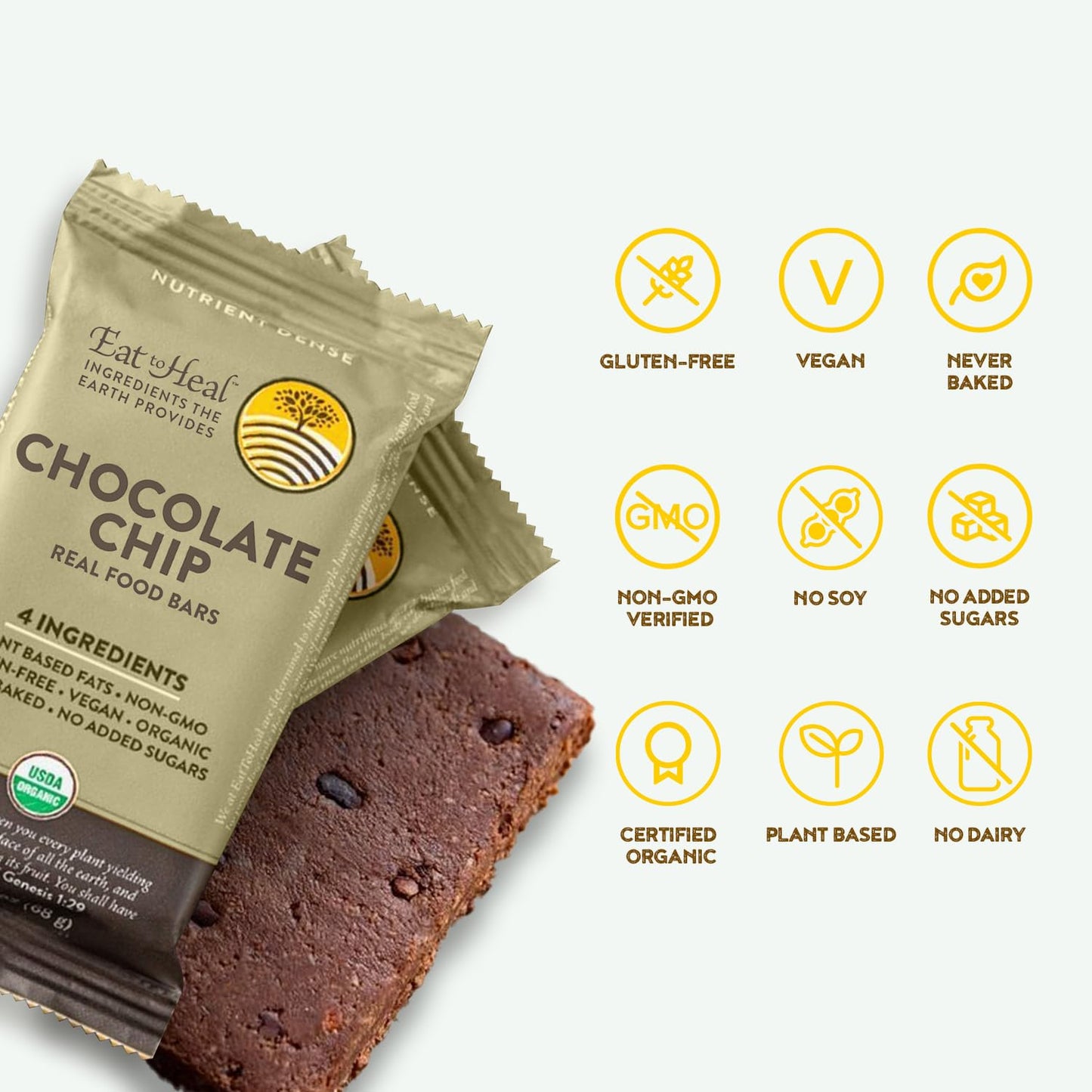 Organic Vegan Chocolate Chip Real Food Bar - Gluten Free Protein Bars, Low Sugar Meal Replacement, Non GMO Plant Based Snack