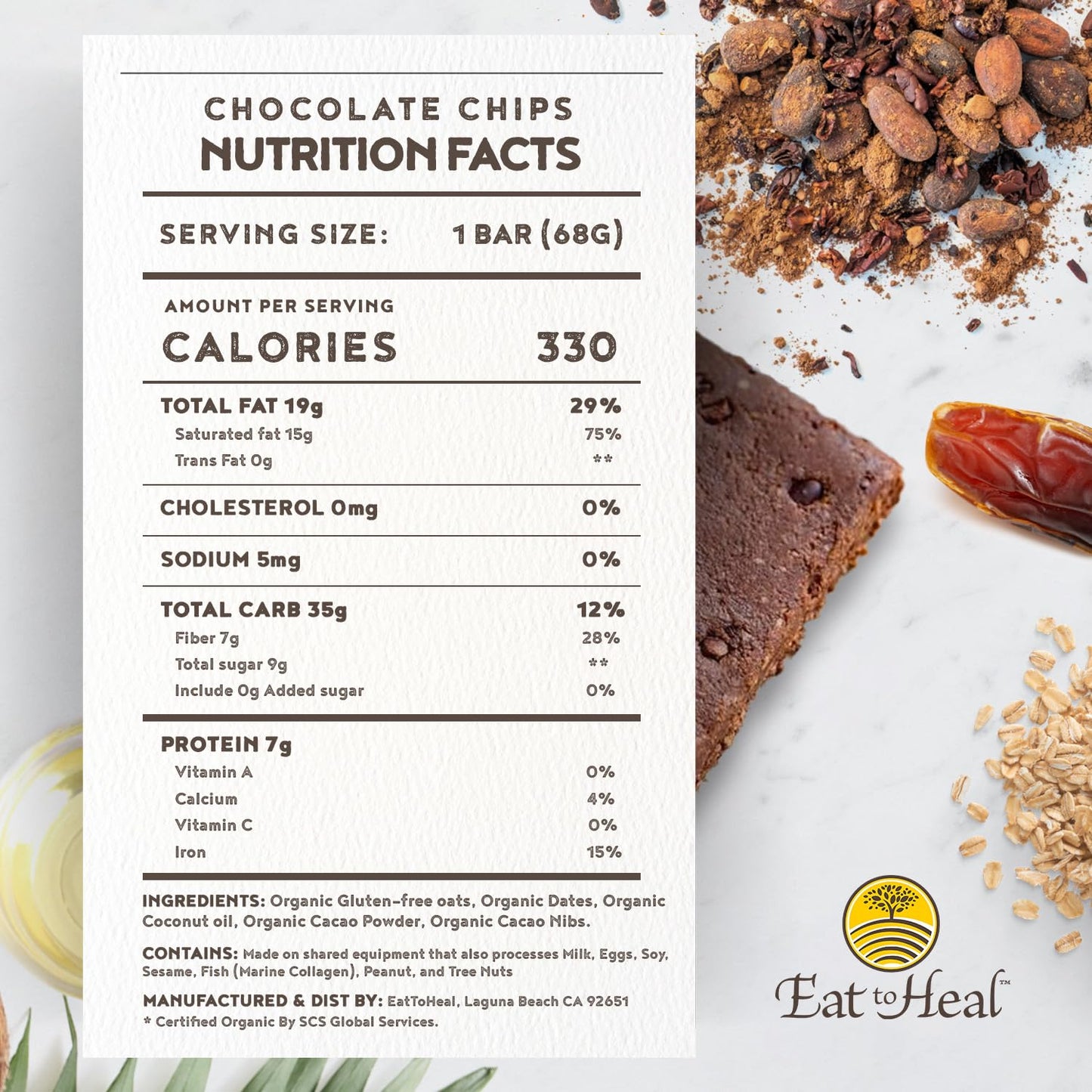 Organic Vegan Chocolate Chip Real Food Bar - Gluten Free Protein Bars, Low Sugar Meal Replacement, Non GMO Plant Based Snack
