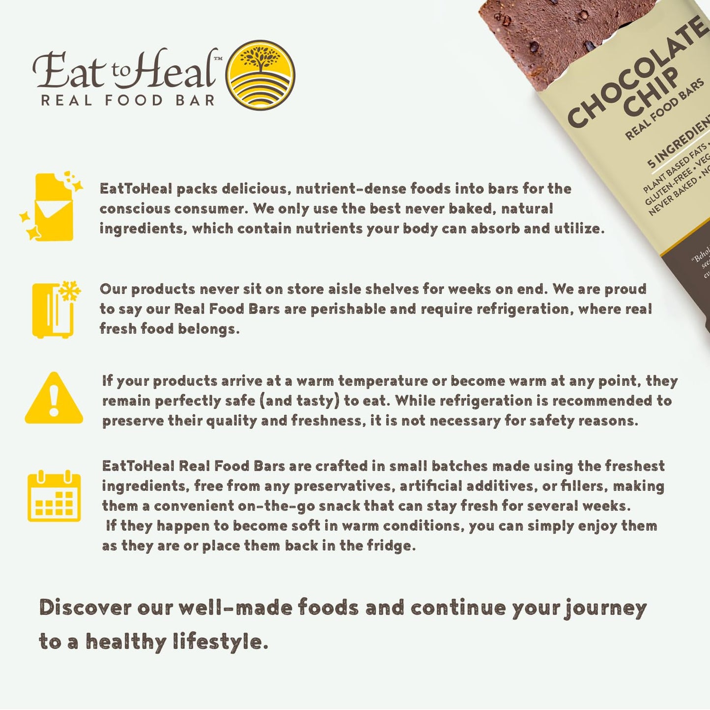 Organic Vegan Chocolate Chip Real Food Bar - Gluten Free Protein Bars, Low Sugar Meal Replacement, Non GMO Plant Based Snack