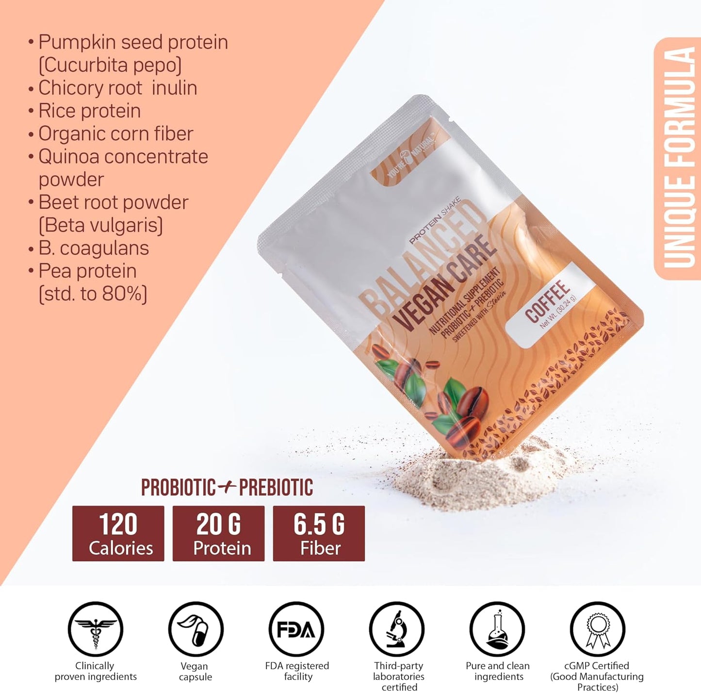 Organic Vegan Coffee Protein Shake Powder with Probiotics, Prebiotics, and 20g Protein - Keto Friendly & Gluten Free - 15 Sachets