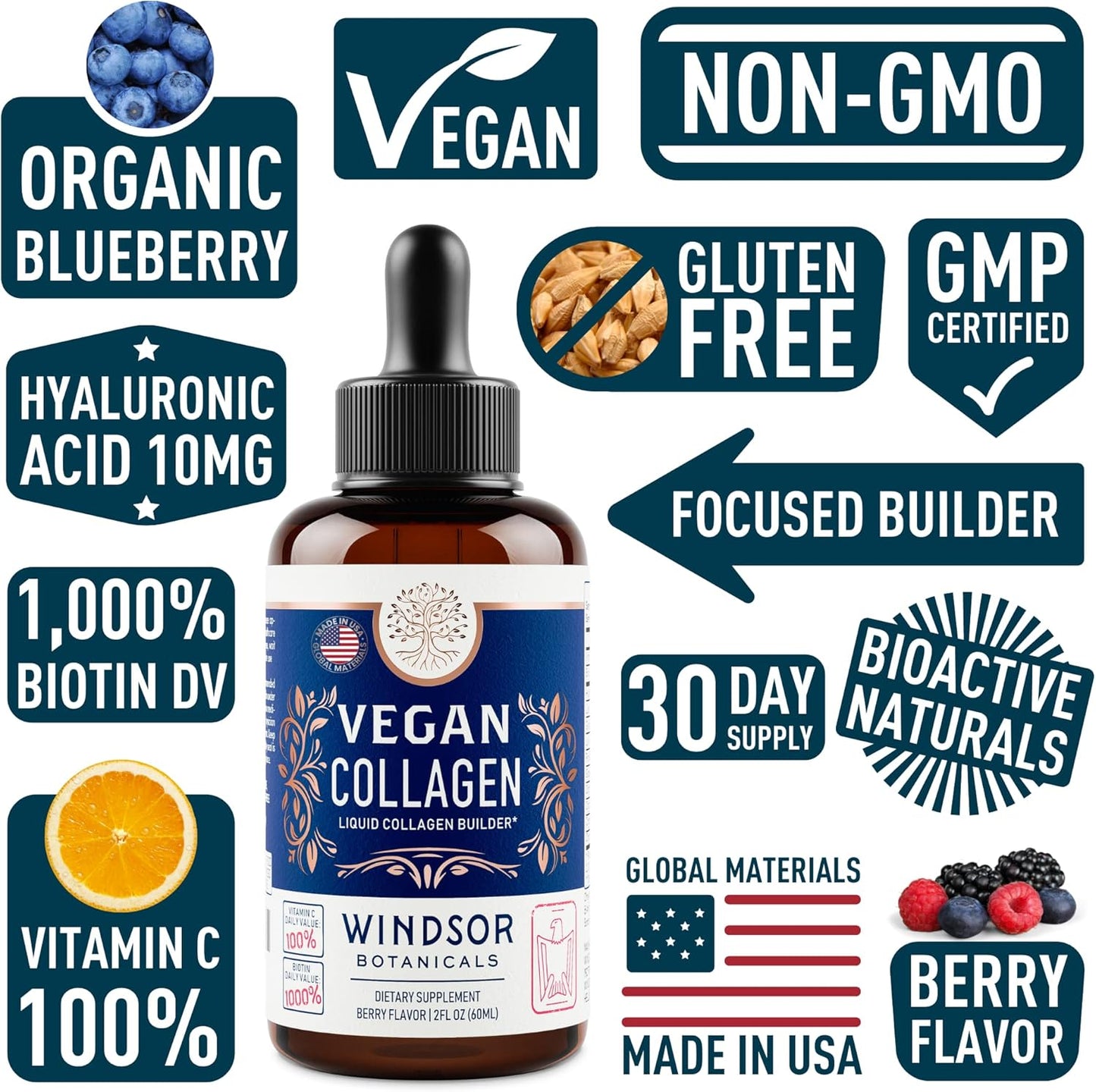 Organic Vegan Collagen Booster Liquid Supplement with Vitamin C, Biotin, Hyaluronic Acid & Amino Acids - 120ml, 60 Day Supply - BoostGo Australia