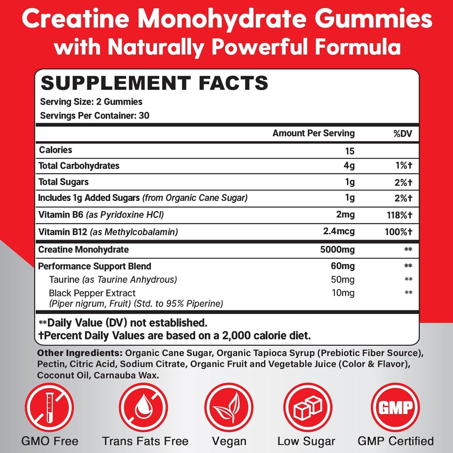 Organic Vegan Creatine Monohydrate Gummies for Maximum Strength and Energy - Pre-Workout Supplement with Taurine and Vitamins B6 B12 - 120 Count for Men and Women