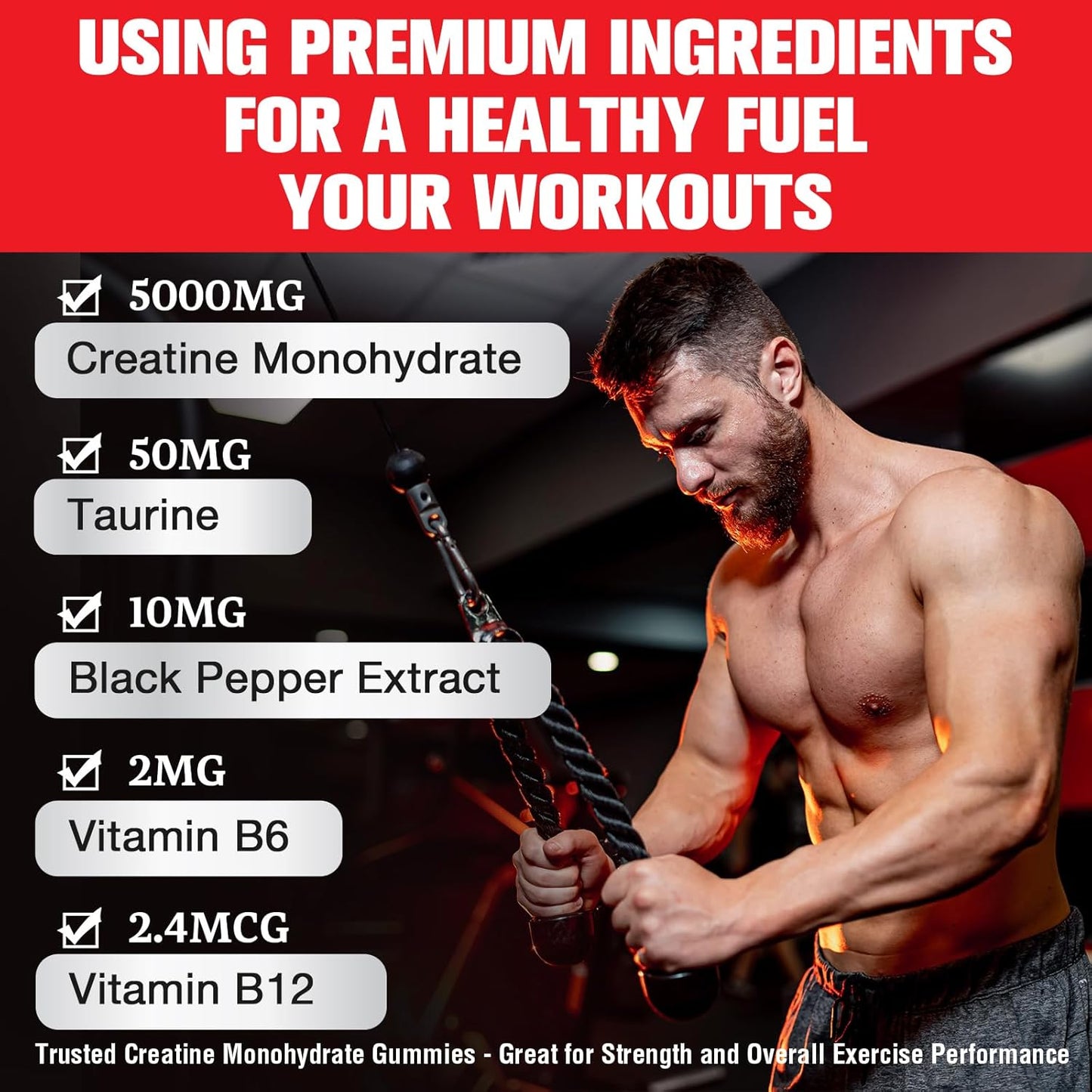 Organic Vegan Creatine Monohydrate Gummies for Maximum Strength and Energy - Pre-Workout Supplement with Taurine and Vitamins B6 B12 - 120 Count for Men and Women
