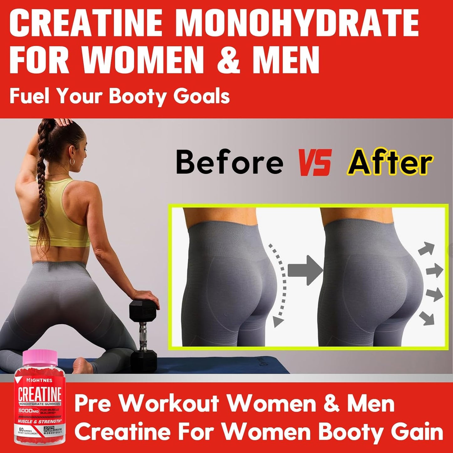 Organic Vegan Creatine Monohydrate Gummies for Maximum Strength and Energy - Pre-Workout Supplement with Taurine and Vitamins B6 B12 - 120 Count for Men and Women