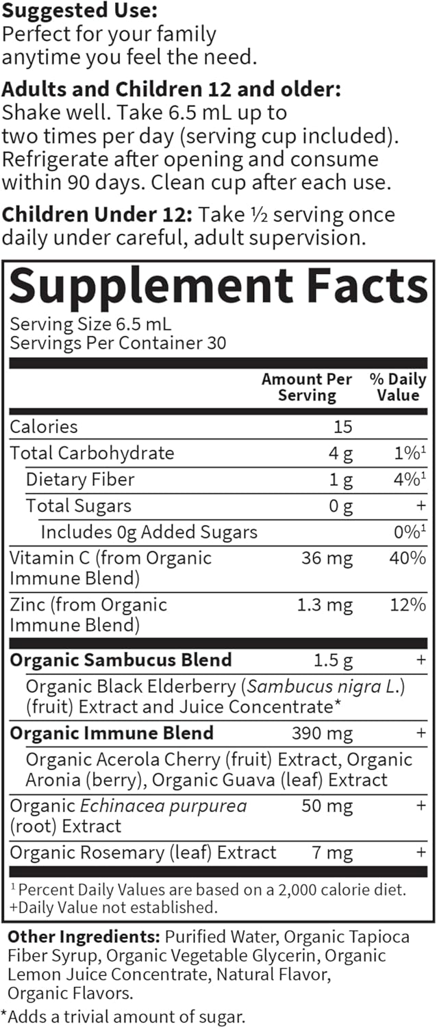 Organic Vegan Elderberry Immune Syrup for Kids & Adults - 6.59 fl oz - Sambucus, Echinacea, Zinc, Vitamin C - Sugar-Free - Gluten Free Herbal Supplement by Garden of Life Organics