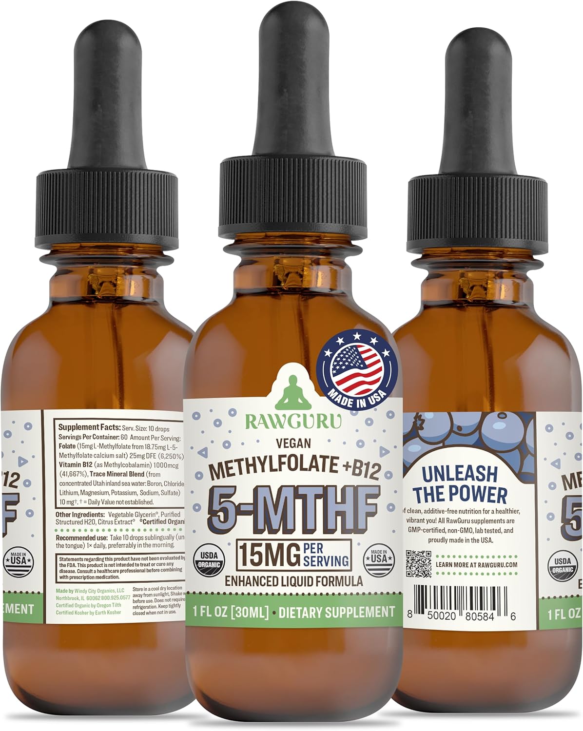 Organic Vegan L-Methylfolate 15 mg + Vitamin B12 Liquid Drops - Enhanced Nano-Processed Formula with Trace Minerals - 300 Servings - Pack of 1