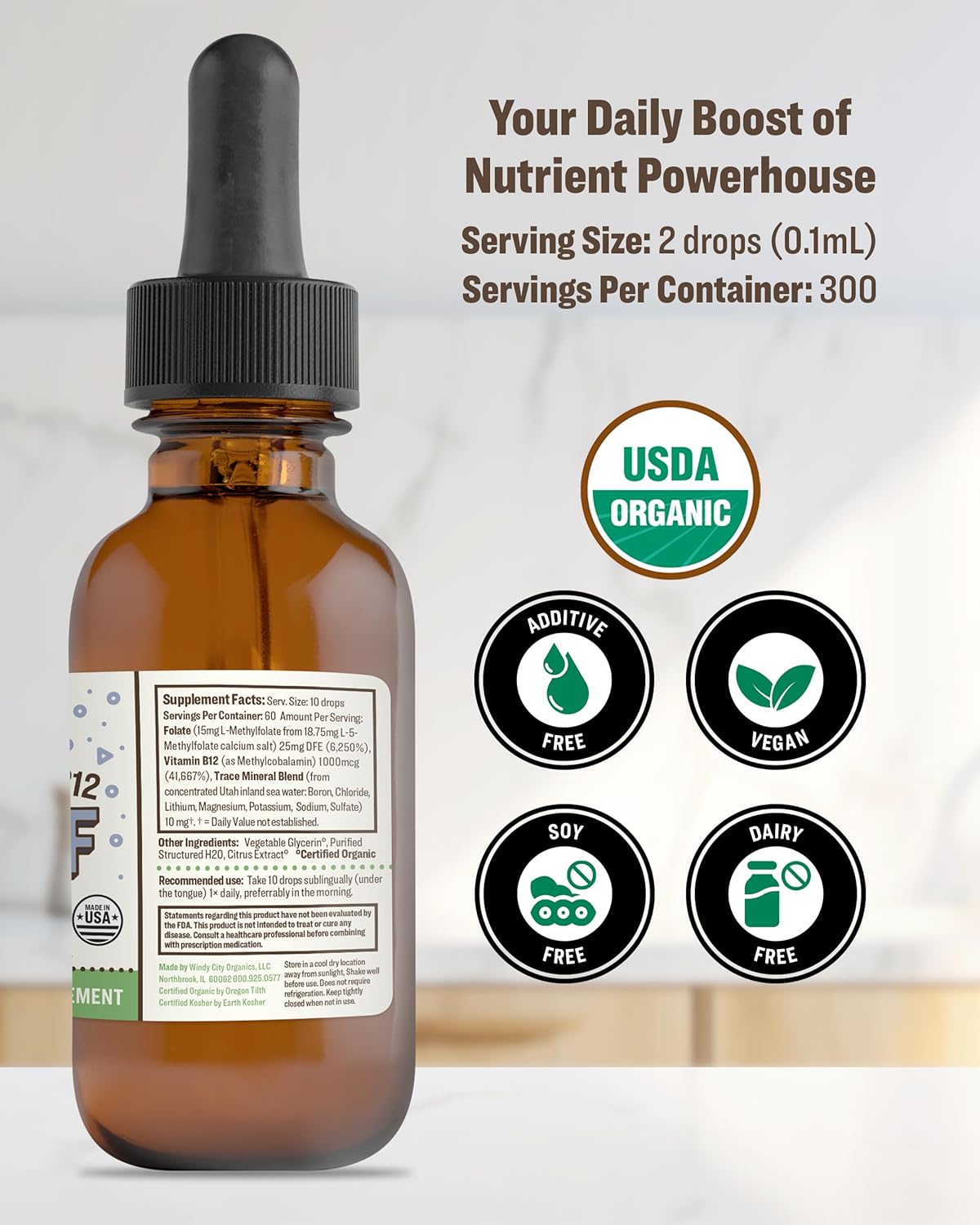 Organic Vegan L-Methylfolate 15 mg + Vitamin B12 Liquid Drops - Enhanced Nano-Processed Formula with Trace Minerals - 300 Servings - Pack of 1