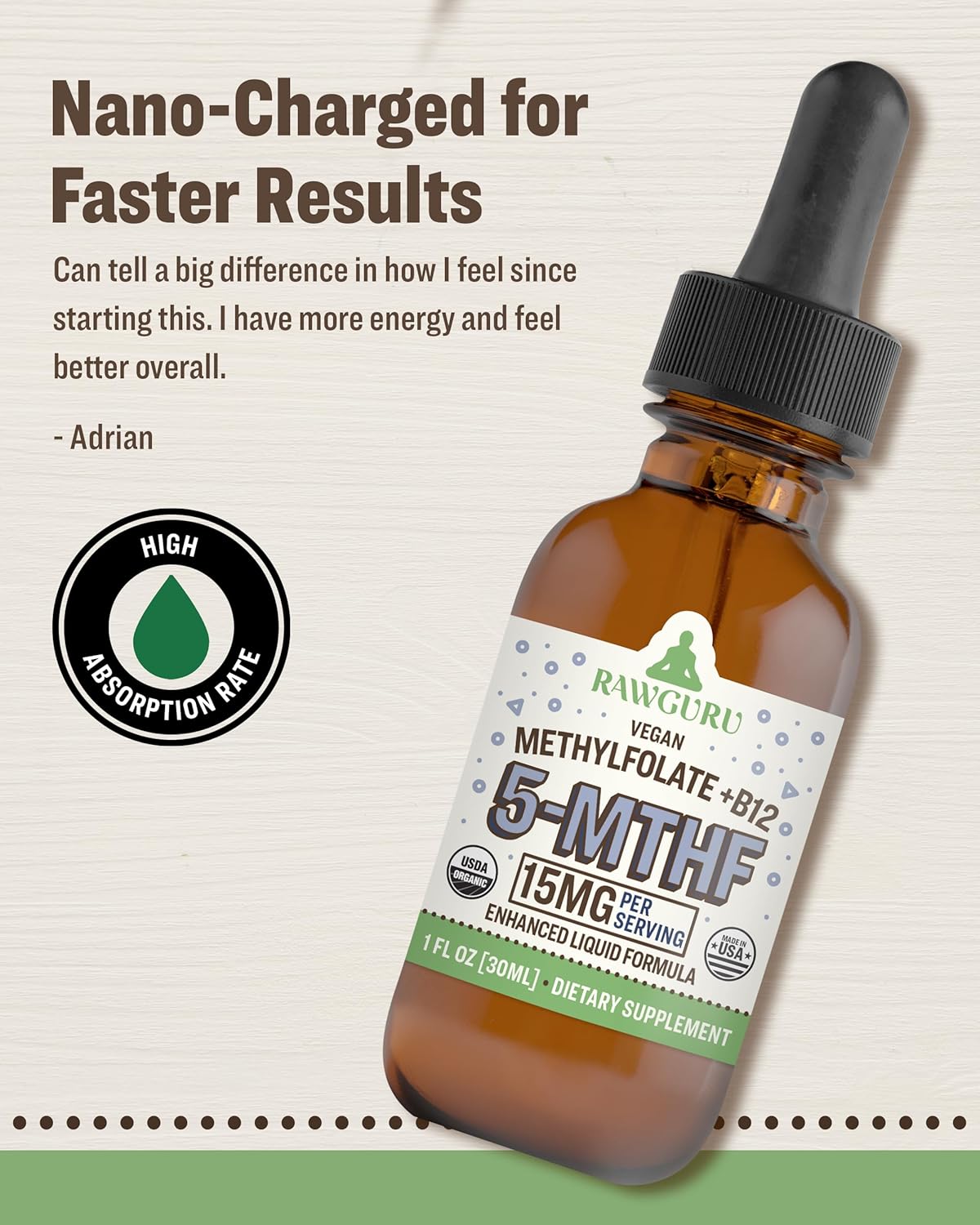 Organic Vegan L-Methylfolate 15 mg + Vitamin B12 Liquid Drops - Enhanced Nano-Processed Formula with Trace Minerals - 300 Servings - Pack of 1