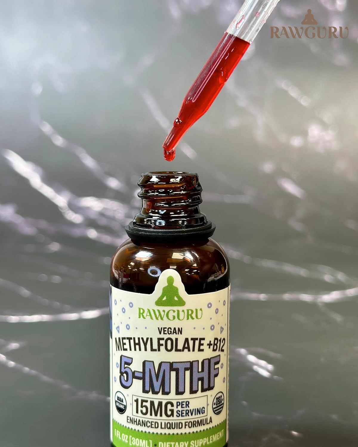 Organic Vegan L-Methylfolate 15 mg + Vitamin B12 Liquid Drops - Enhanced Nano-Processed Formula with Trace Minerals - 300 Servings - Pack of 1