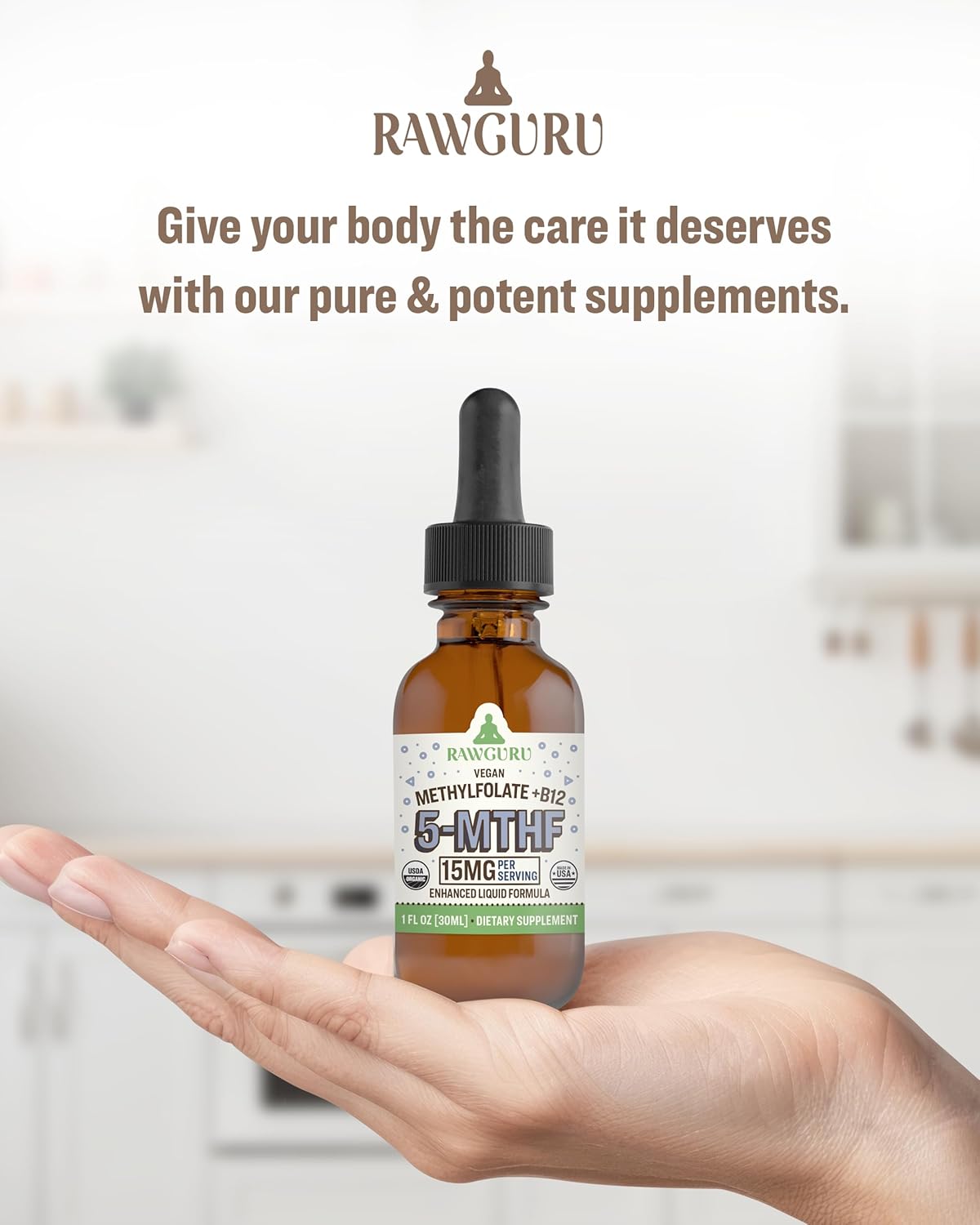 Organic Vegan L-Methylfolate 15 mg + Vitamin B12 Liquid Drops - Enhanced Nano-Processed Formula with Trace Minerals - 300 Servings - Pack of 1