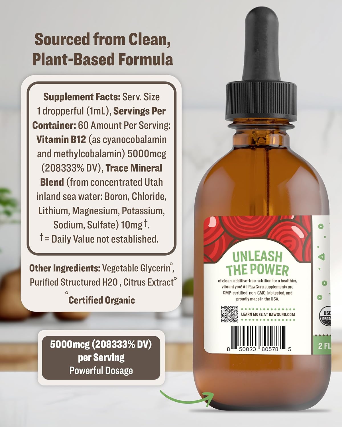 Organic Vegan Liquid B12 Supplement with Trace Minerals - Nano-Processed Immune Support Tincture - 60 Servings, 60 ml - Vegan Drops
