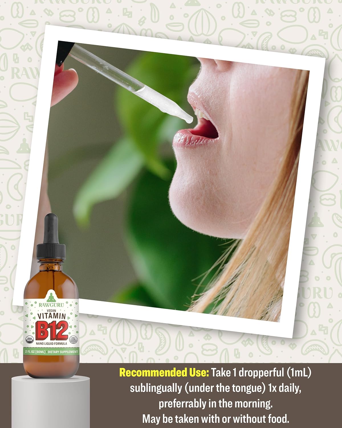 Organic Vegan Liquid B12 Supplement with Trace Minerals - Nano-Processed Immune Support Tincture - 60 Servings, 60 ml - Vegan Drops
