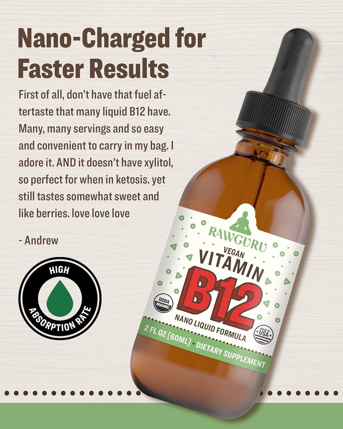 Organic Vegan Liquid B12 Supplement with Trace Minerals - Nano-Processed Immune Support Tincture - 60 Servings, 60 ml - Vegan Drops