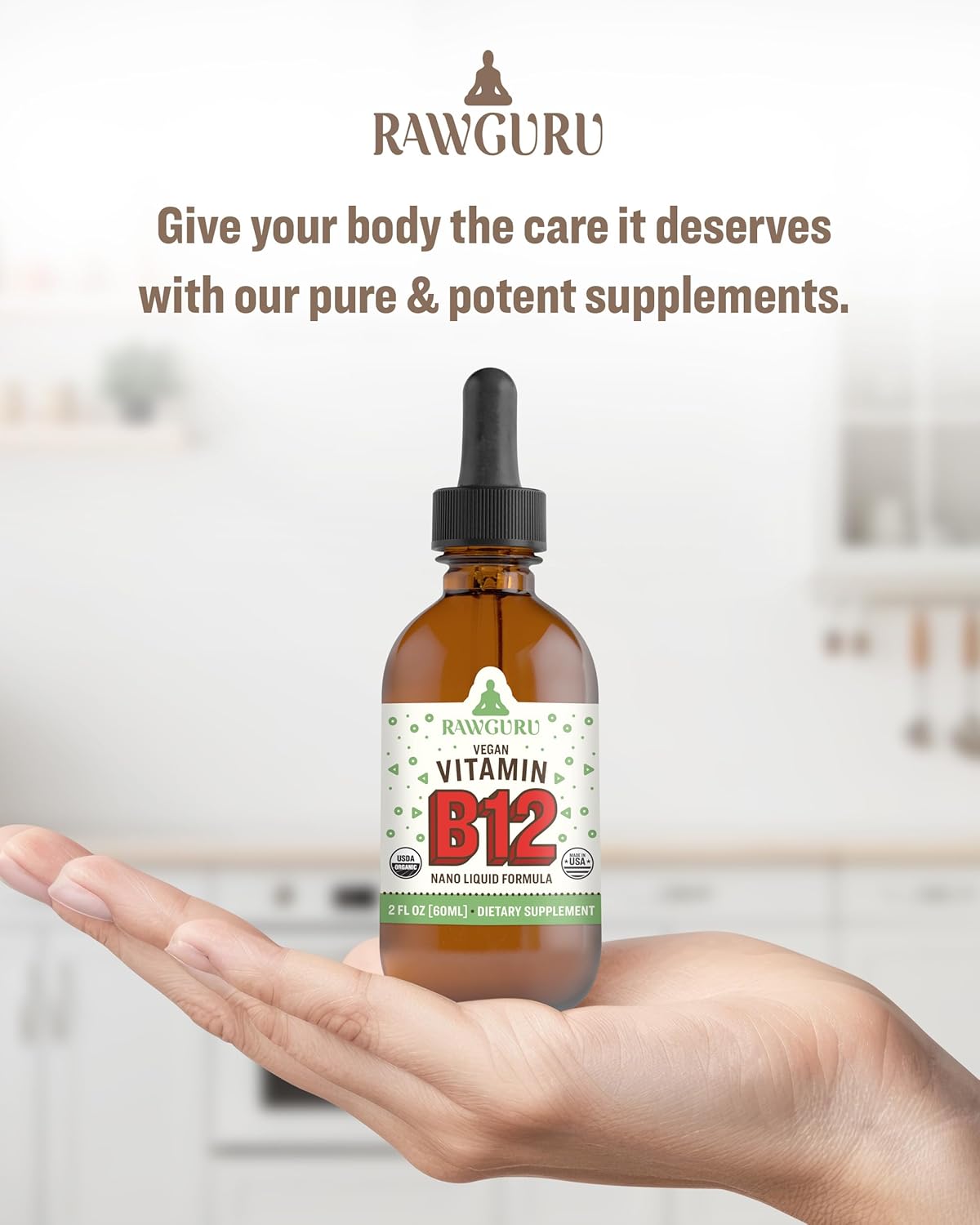 Organic Vegan Liquid B12 Supplement with Trace Minerals - Nano-Processed Immune Support Tincture - 60 Servings, 60 ml - Vegan Drops