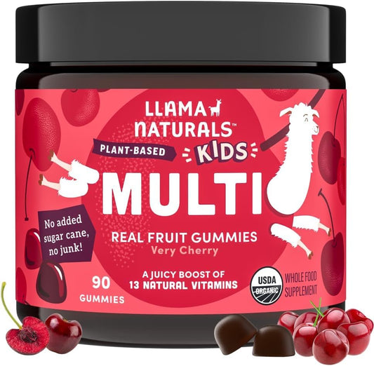 Organic Vegan Llama Naturals Cherry Gummy Vitamins for Kids - No Added Sugar, Whole Food Multivitamin - 90 ct Chewable Toddler Gummies