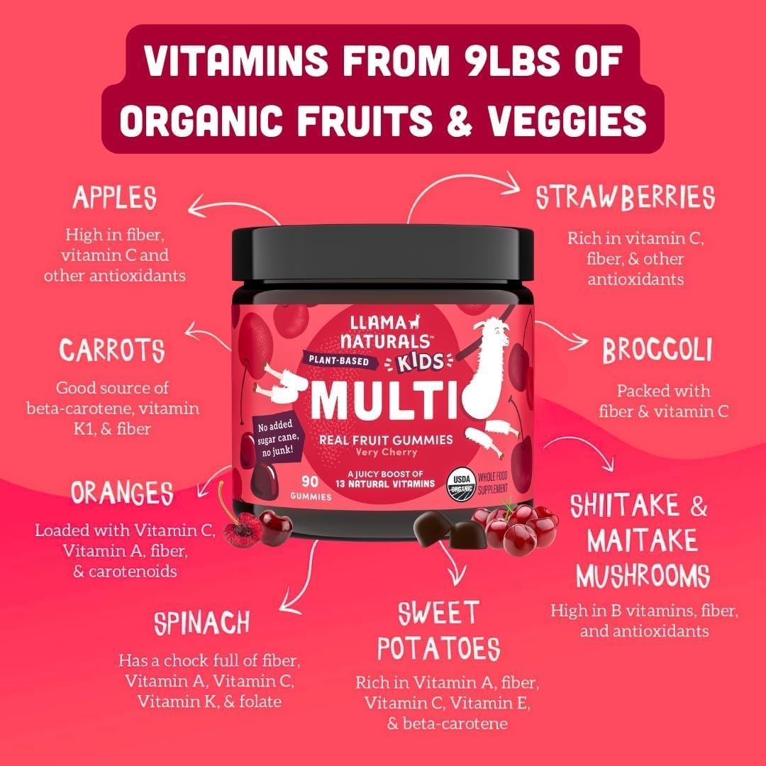 Organic Vegan Llama Naturals Cherry Gummy Vitamins for Kids - No Added Sugar, Whole Food Multivitamin - 90 ct Chewable Toddler Gummies