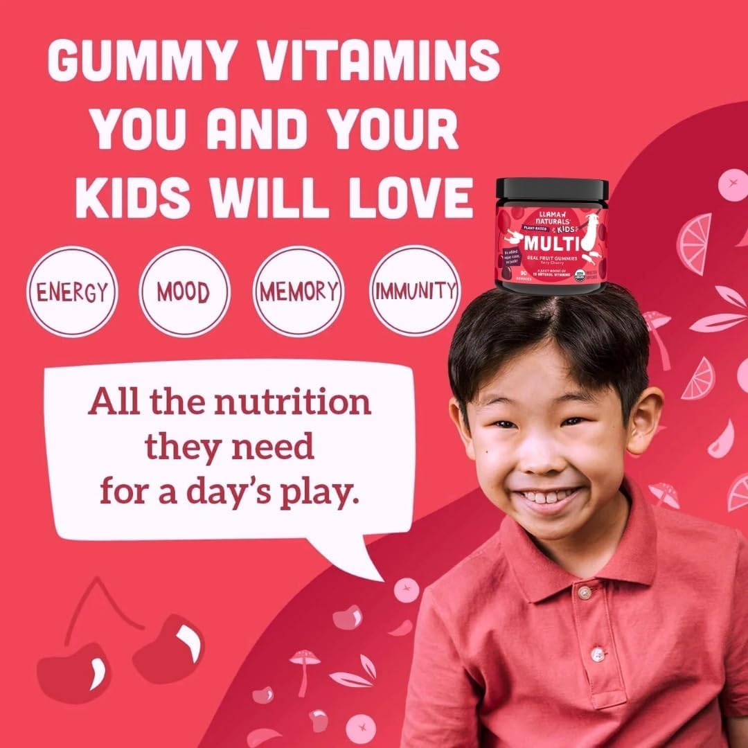 Organic Vegan Llama Naturals Cherry Gummy Vitamins for Kids - No Added Sugar, Whole Food Multivitamin - 90 ct Chewable Toddler Gummies