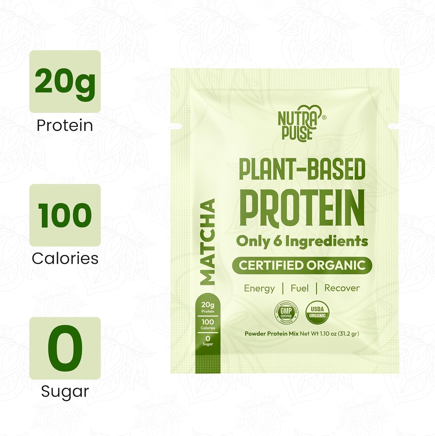 Organic Vegan Matcha Protein Powder Sample Pack - Plant-Based, Gluten-Free, Non GMO, 20g Protein Per Serving - Ideal for Smoothies & Shakes - Pack of 16