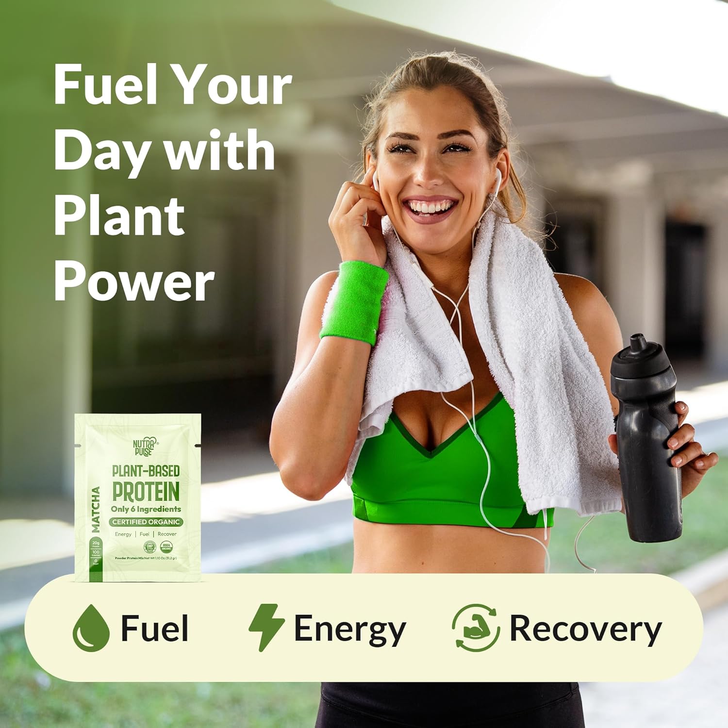 Organic Vegan Matcha Protein Powder Sample Pack - Plant-Based, Gluten-Free, Non GMO, 20g Protein Per Serving - Ideal for Smoothies & Shakes - Pack of 16