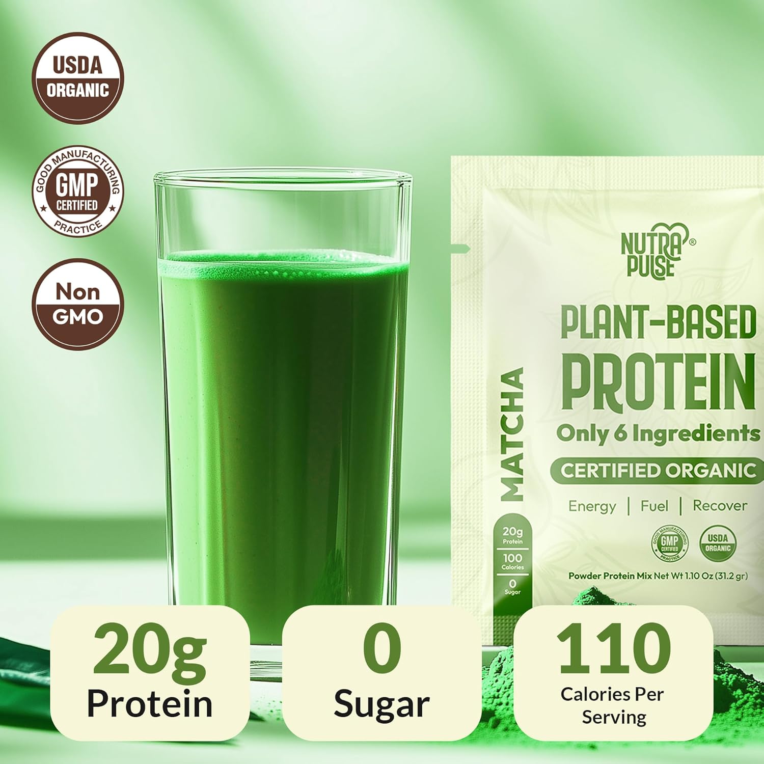 Organic Vegan Matcha Protein Powder Sample Pack - Plant-Based, Gluten-Free, Non GMO, 20g Protein Per Serving - Ideal for Smoothies & Shakes - Pack of 16
