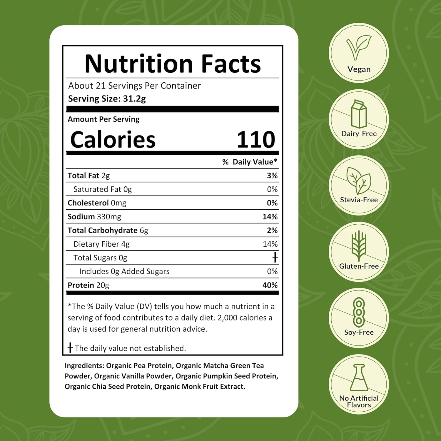 Organic Vegan Matcha Protein Powder Sample Pack - Plant-Based, Gluten-Free, Non GMO, 20g Protein Per Serving - Ideal for Smoothies & Shakes - Pack of 16