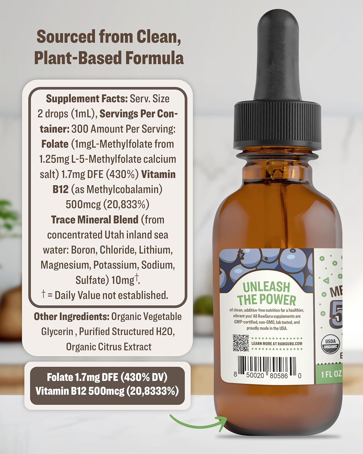 Organic Vegan Methylfolate 1mg with Vitamin B12 Liquid Drops - Nano-Processed Formula with Trace Minerals - Pack of 2, 300 Servings