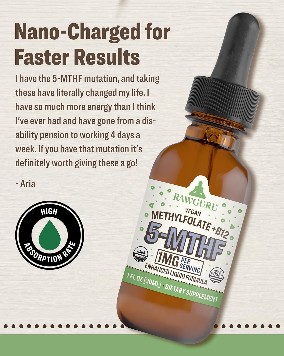 Organic Vegan Methylfolate 1mg with Vitamin B12 Liquid Drops - Nano-Processed Formula with Trace Minerals - Pack of 2, 300 Servings