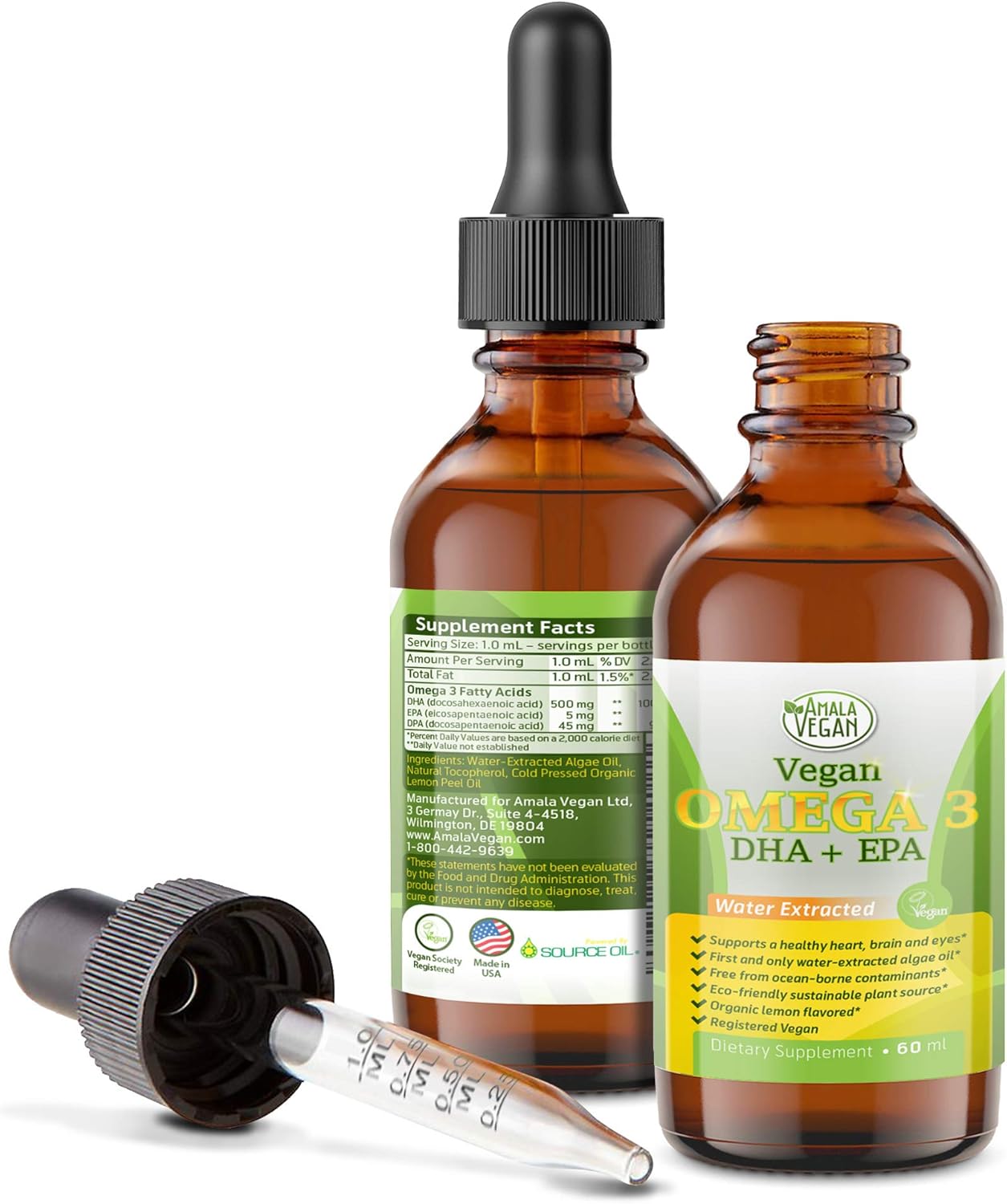 Organic Vegan Omega 3 Liquid Supplement with Algae Oil for Immune, Heart, Brain & Joint Health - Non GMO - 60 Doses