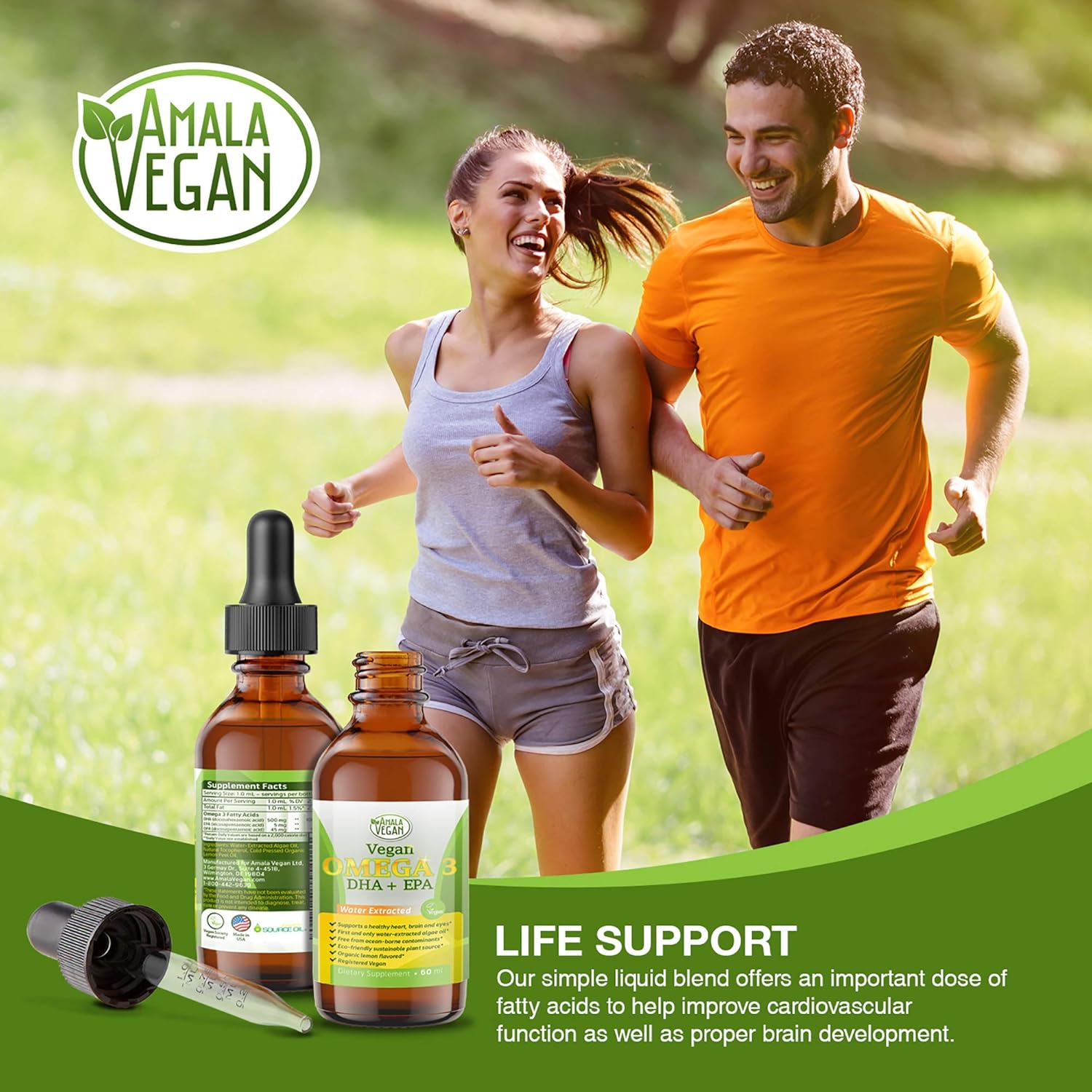 Organic Vegan Omega 3 Liquid Supplement with Algae Oil for Immune, Heart, Brain & Joint Health - Non GMO - 60 Doses