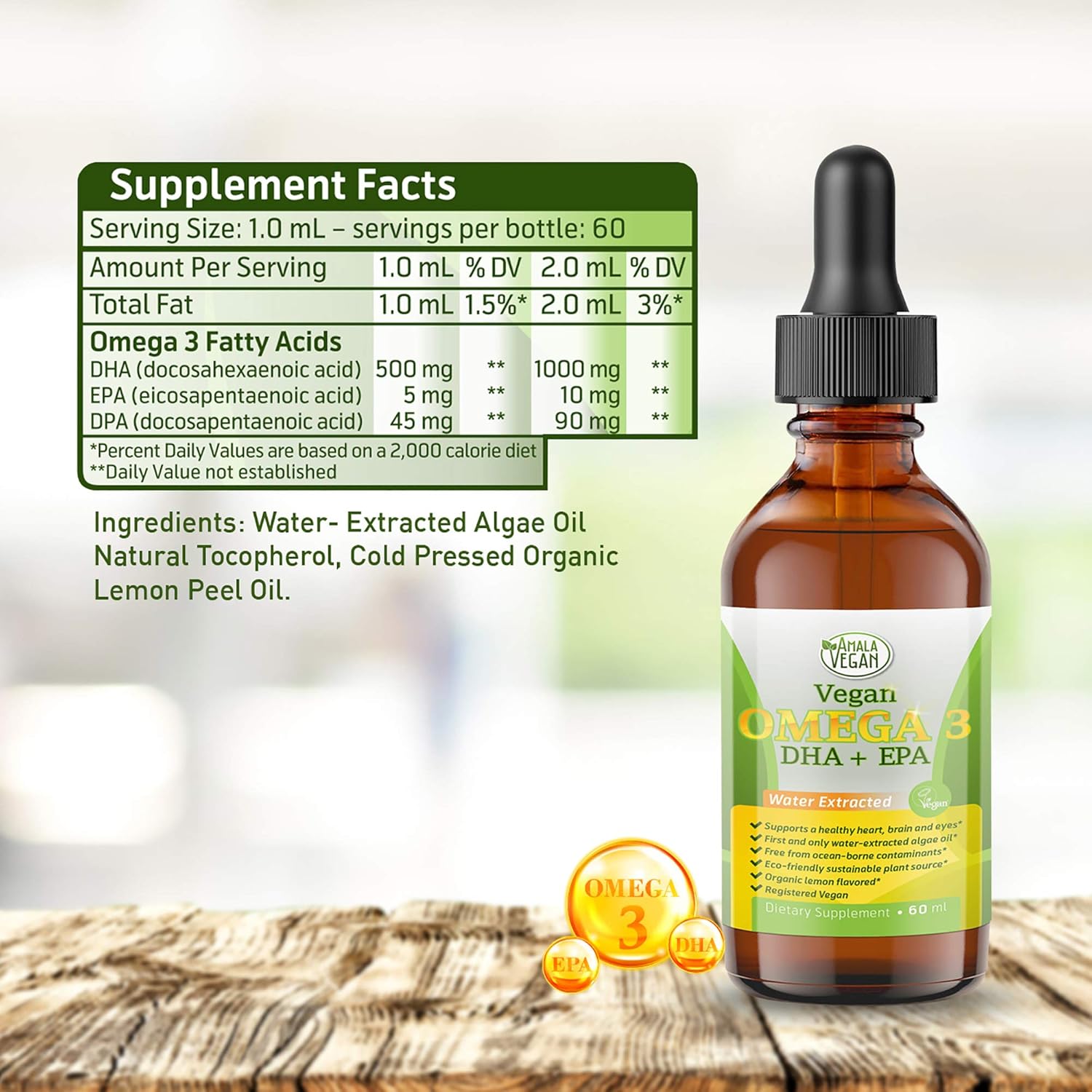 Organic Vegan Omega 3 Liquid Supplement with Algae Oil for Immune, Heart, Brain & Joint Health - Non GMO - 60 Doses