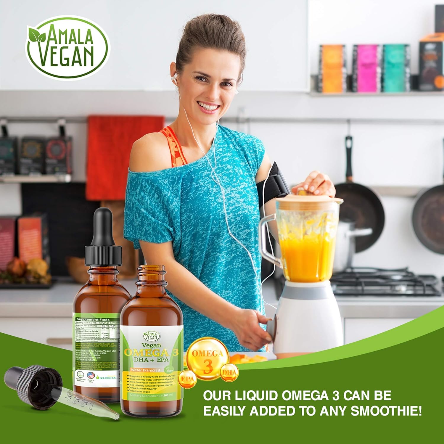 Organic Vegan Omega 3 Liquid Supplement with Algae Oil for Immune, Heart, Brain & Joint Health - Non GMO - 60 Doses