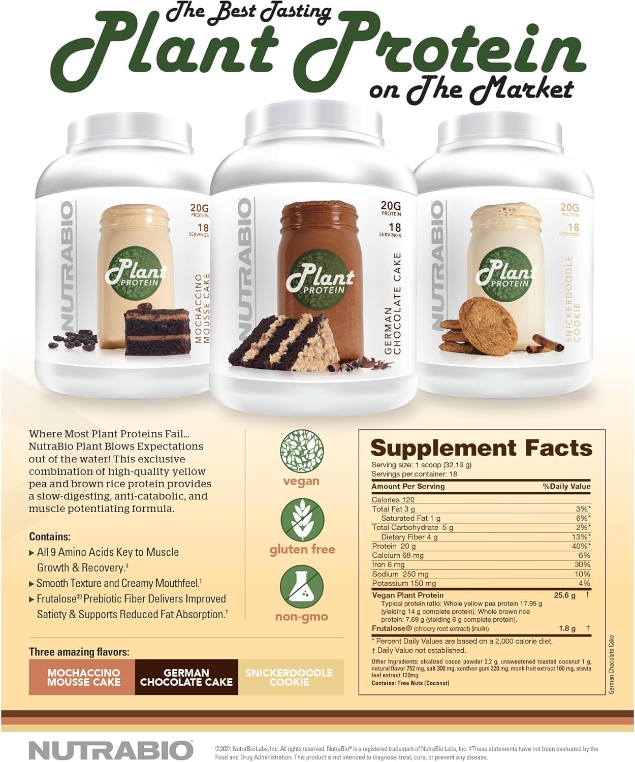 Organic Vegan Plant Protein Powder - German Chocolate Cake Flavor - 20g Protein per Serving - Lactose and Dairy Free - 18 Servings