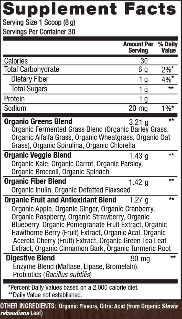 Organic Vegan PlantFusion Super Greens Powder with Probiotics & Prebiotic Fiber - 8.46 oz - Non-GMO - Gluten-Free - 30 Servings