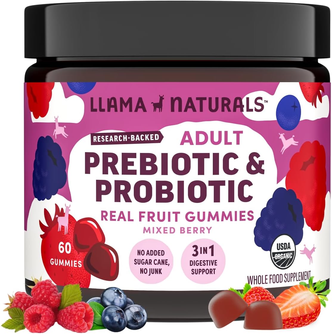 Organic Vegan Prebiotic & Probiotic Gummies for Adults | Llama Naturals Mixed Berry Synbiotics | Gut Health Support | 5B CFU, 60 ct