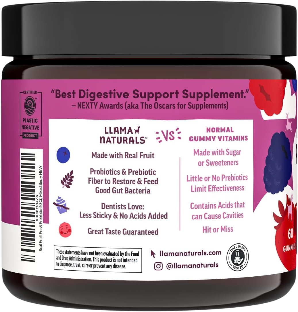 Organic Vegan Prebiotic & Probiotic Gummies for Adults | Llama Naturals Mixed Berry Synbiotics | Gut Health Support | 5B CFU, 60 ct